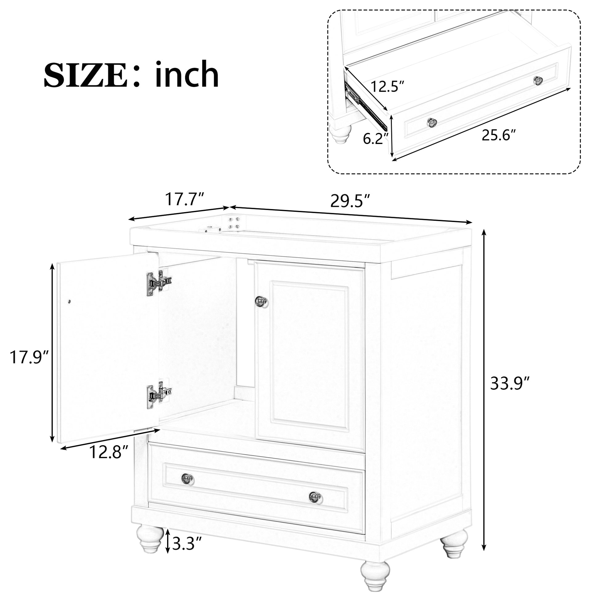 30" Bathroom Vanity Without Sink, Base Only, Cabinet With Doors And Drawer, Solid Frame And Mdf Board, White White Solid Wood Mdf