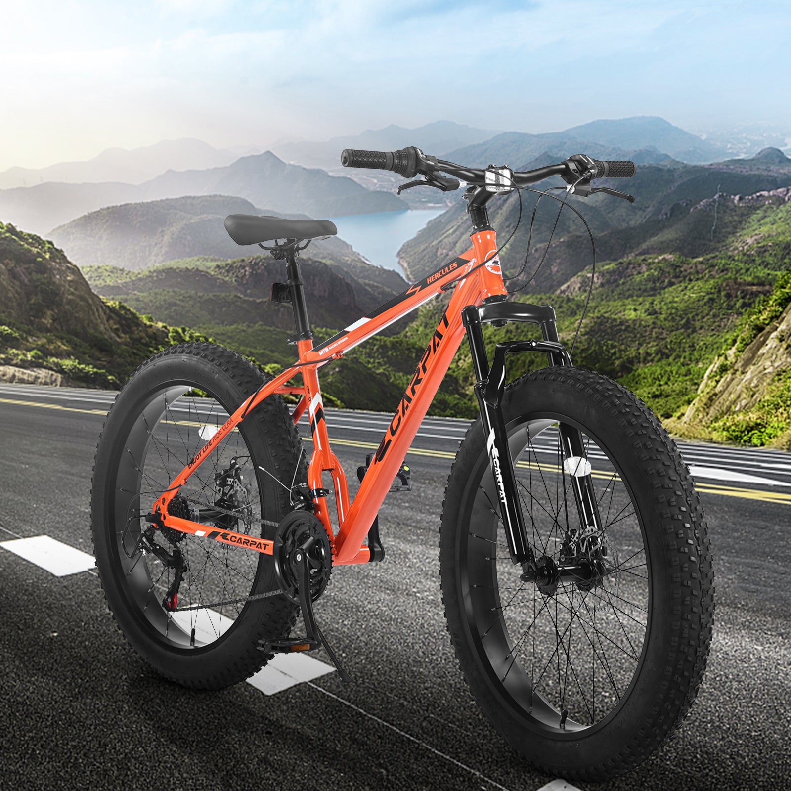 S26109 Elecony 26 Inch Fat Tire Bike Adult Youth Full Shimano 21 Speed Mountain Bike, Dual Disc Brake, High Carbon Steel Frame, Front Suspension, Mountain Trail Bike, Urban Commuter City Bicycle Cycling Orange Without Anti Slip Garden & Outdoor American