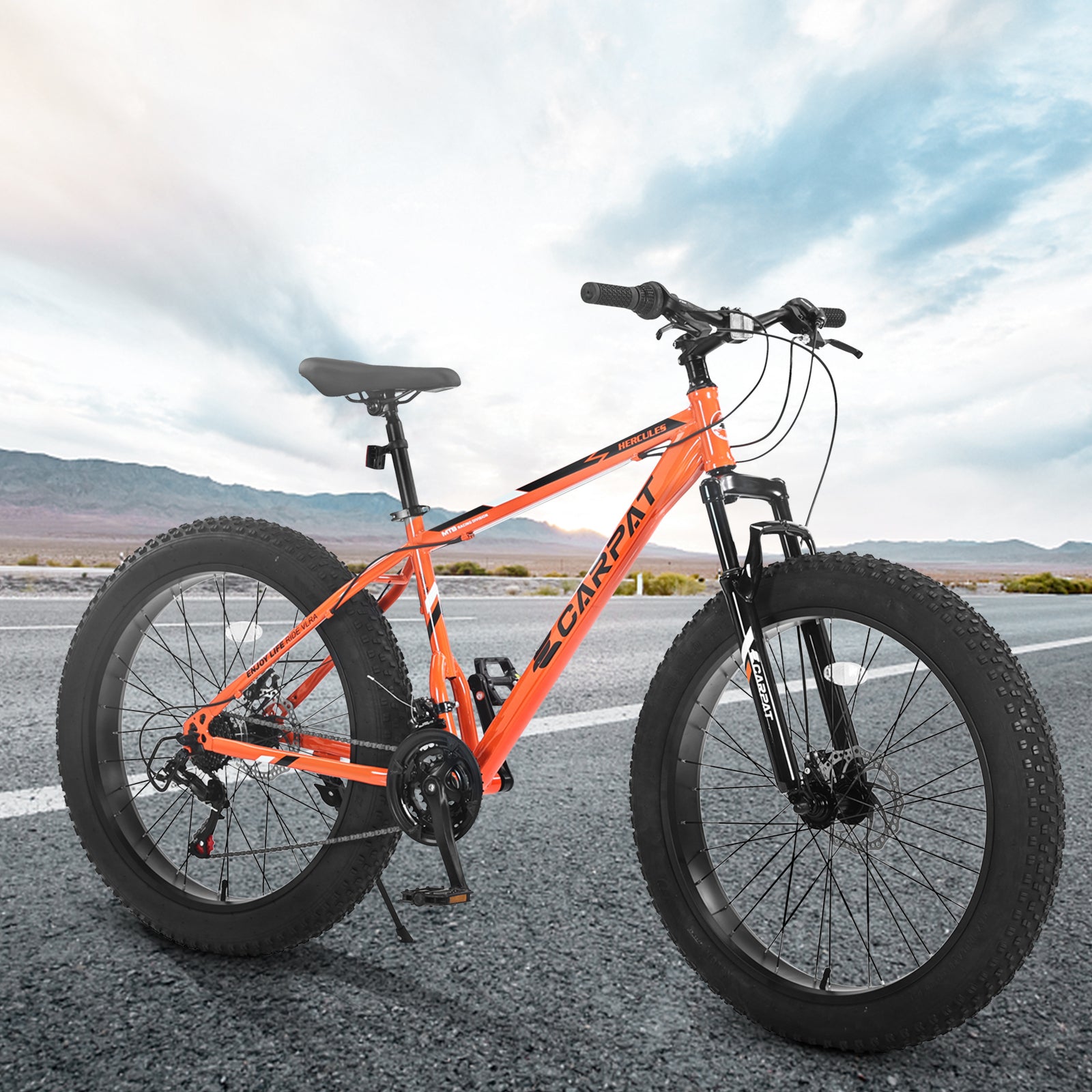 S26109 Elecony 26 Inch Fat Tire Bike Adult Youth Full Shimano 21 Speed Mountain Bike, Dual Disc Brake, High Carbon Steel Frame, Front Suspension, Mountain Trail Bike, Urban Commuter City Bicycle Cycling Orange Without Anti Slip Garden & Outdoor American