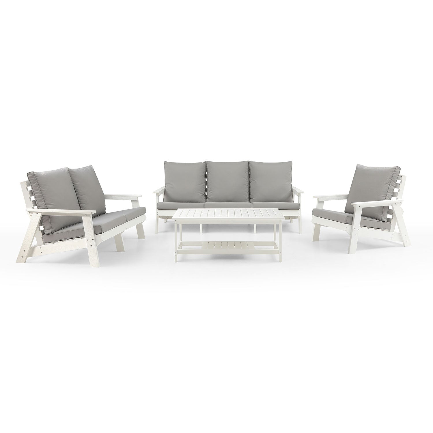 Hips 3 Seater Sofa With Cushion, Wood Grain Outdoor Garden Sofa,White Grey White Hdpe