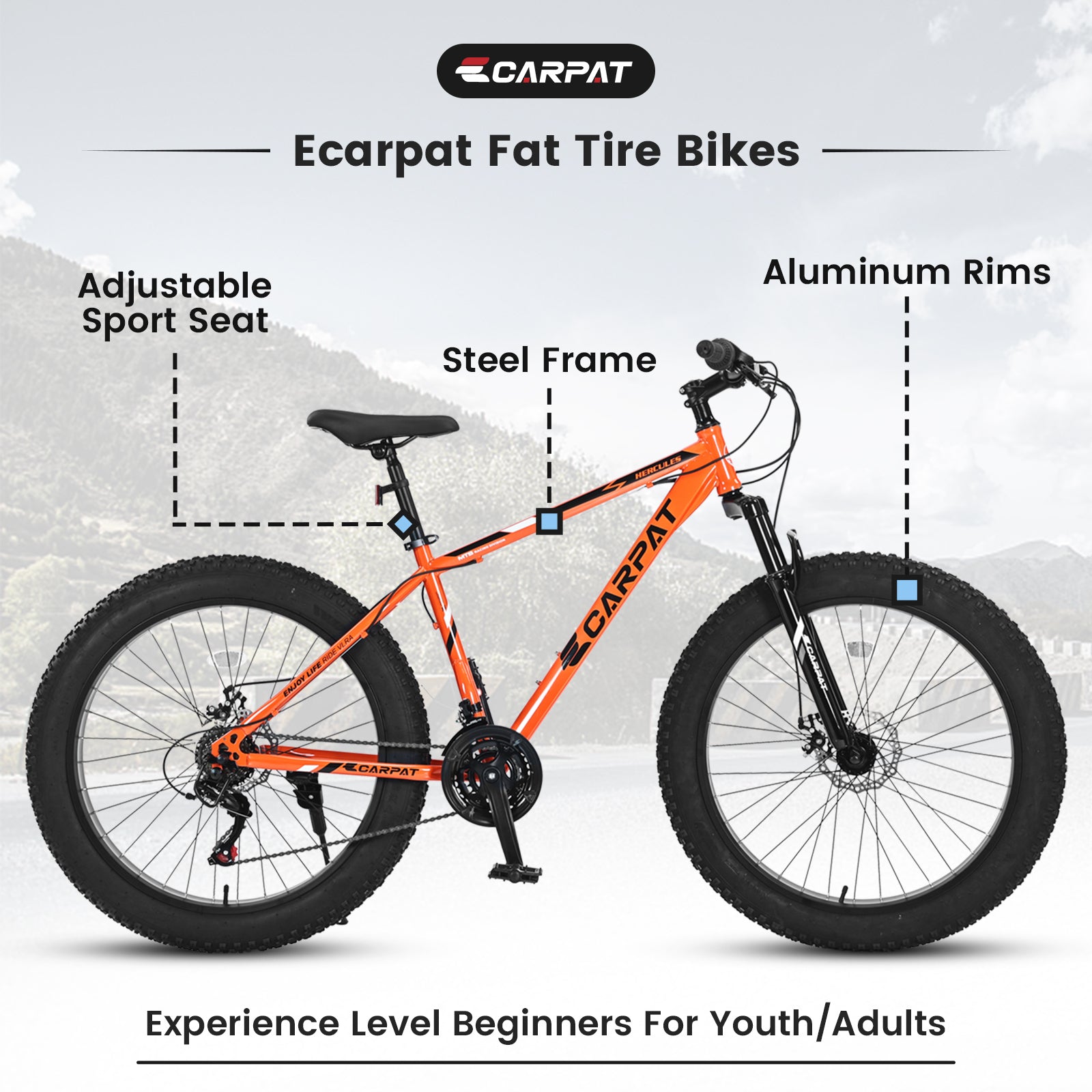 S26109 Elecony 26 Inch Fat Tire Bike Adult Youth Full Shimano 21 Speed Mountain Bike, Dual Disc Brake, High Carbon Steel Frame, Front Suspension, Mountain Trail Bike, Urban Commuter City Bicycle Cycling Orange Without Anti Slip Garden & Outdoor American