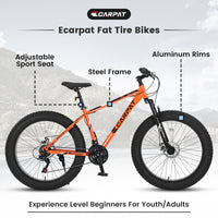 S26109 Elecony 26 Inch Fat Tire Bike Adult Youth Full Shimano 21 Speed Mountain Bike, Dual Disc Brake, High Carbon Steel Frame, Front Suspension, Mountain Trail Bike, Urban Commuter City Bicycle Cycling Orange Without Anti Slip Garden & Outdoor American