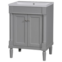 24'' Bathroom Vanity With Top Sink, 2 Tier Modern Bathroom Storage Cabinet, Single Sink Bathroom Vanity, Large Storage Shelves Grey Mdf