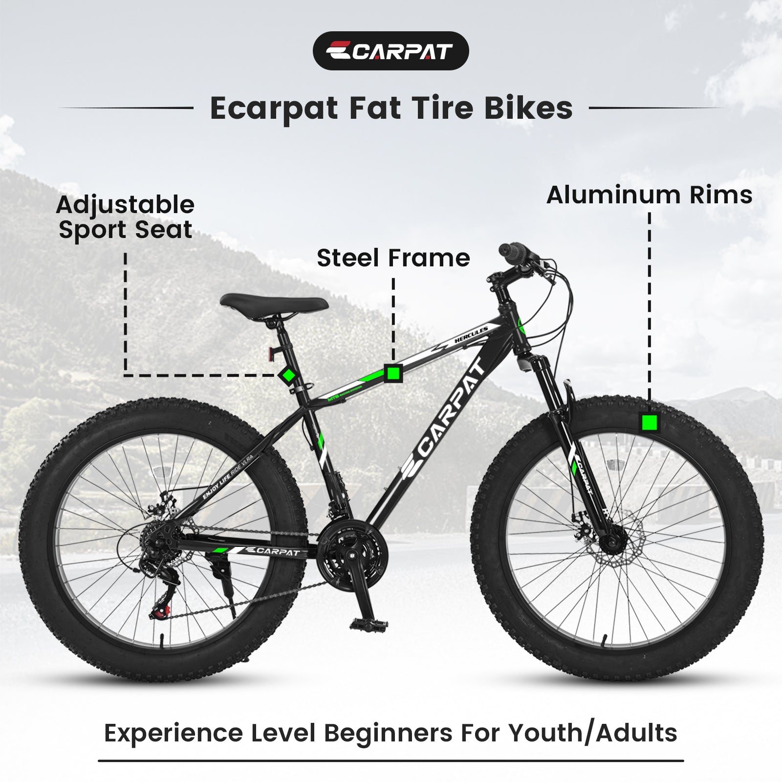 S26109 Elecony 26 Inch Fat Tire Bike Adult Youth Full Shimano 21 Speed Mountain Bike, Dual Disc Brake, High Carbon Steel Frame, Front Suspension, Mountain Trail Bike, Urban Commuter City Bicycle Cycling Black Without Anti Slip Garden & Outdoor American