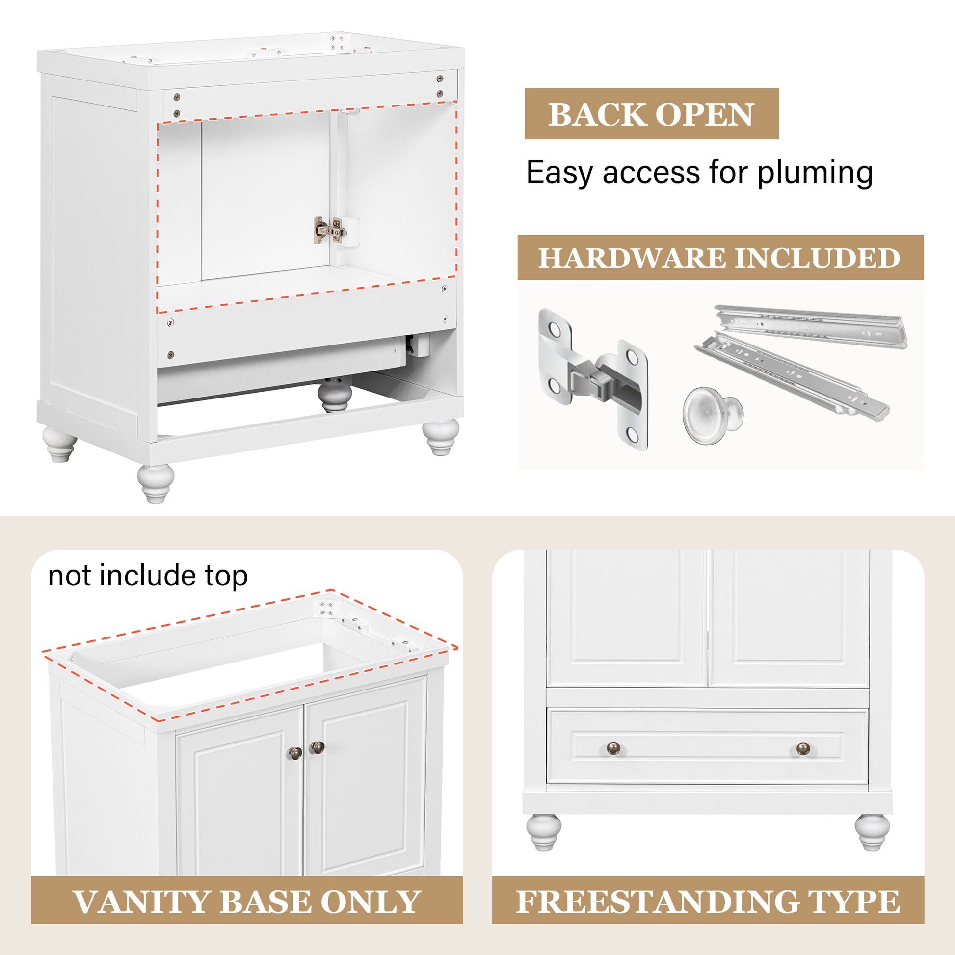 30" Bathroom Vanity Without Sink, Base Only, Cabinet With Doors And Drawer, Solid Frame And Mdf Board, White White Solid Wood Mdf