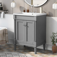 24'' Bathroom Vanity With Top Sink, 2 Tier Modern Bathroom Storage Cabinet, Single Sink Bathroom Vanity, Large Storage Shelves Grey Mdf