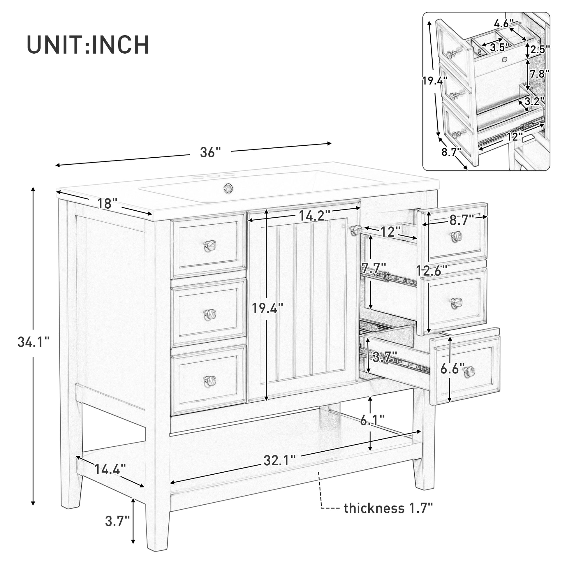 36" Bathroom Vanity With Sink Combo, One Cabinet And Three Drawers, Solid Wood And Mdf Board, Blue Old Sku:Sy999505Aac Blue Solid Wood Mdf