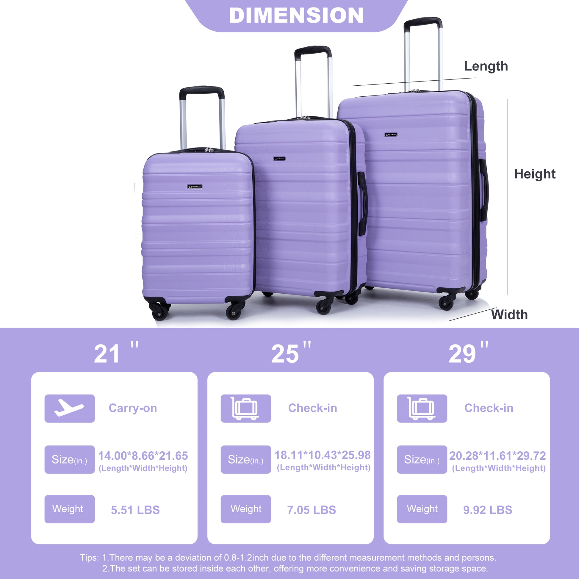 Expandable 3 Piece Luggage Sets Pc Lightweight & Durable Suitcase With Two Hooks, Spinner Wheels, Tsa Lock, 21 25 29 Purple Purple Pc