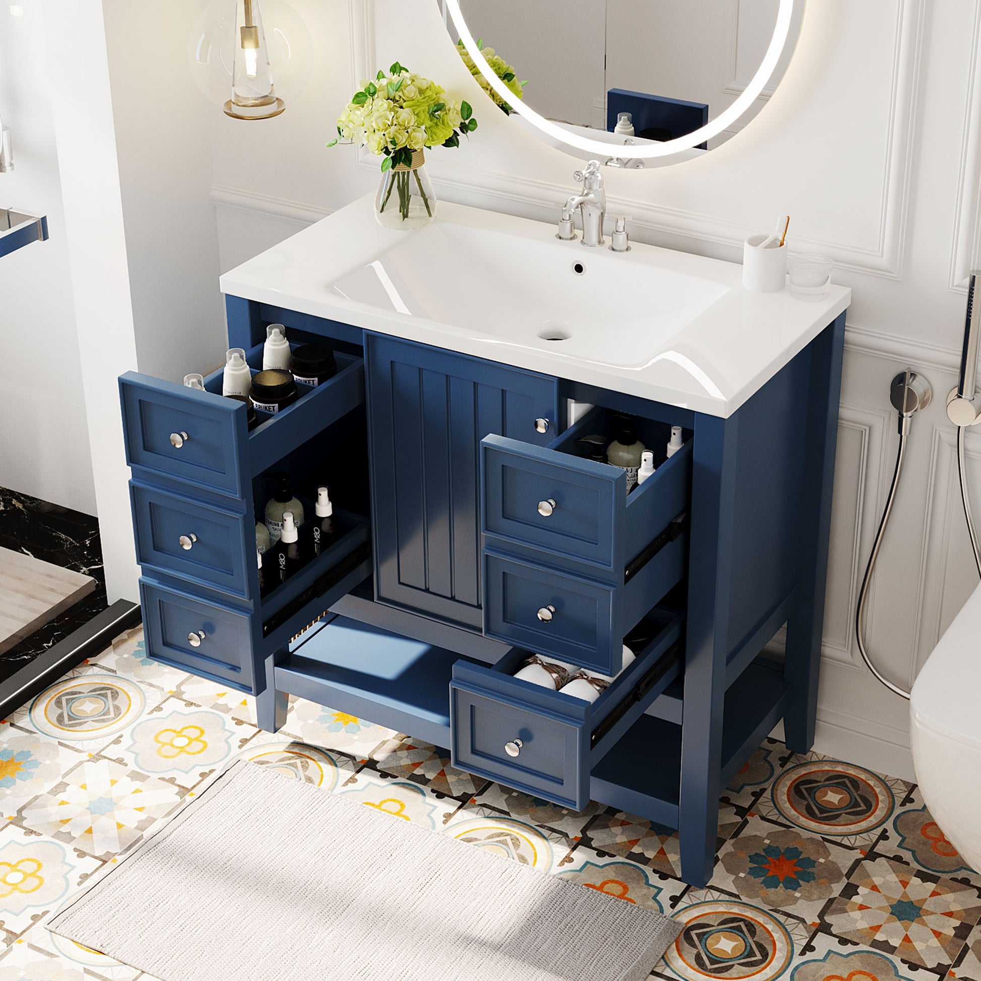 36" Bathroom Vanity With Sink Combo, One Cabinet And Three Drawers, Solid Wood And Mdf Board, Blue Old Sku:Sy999505Aac Blue Solid Wood Mdf