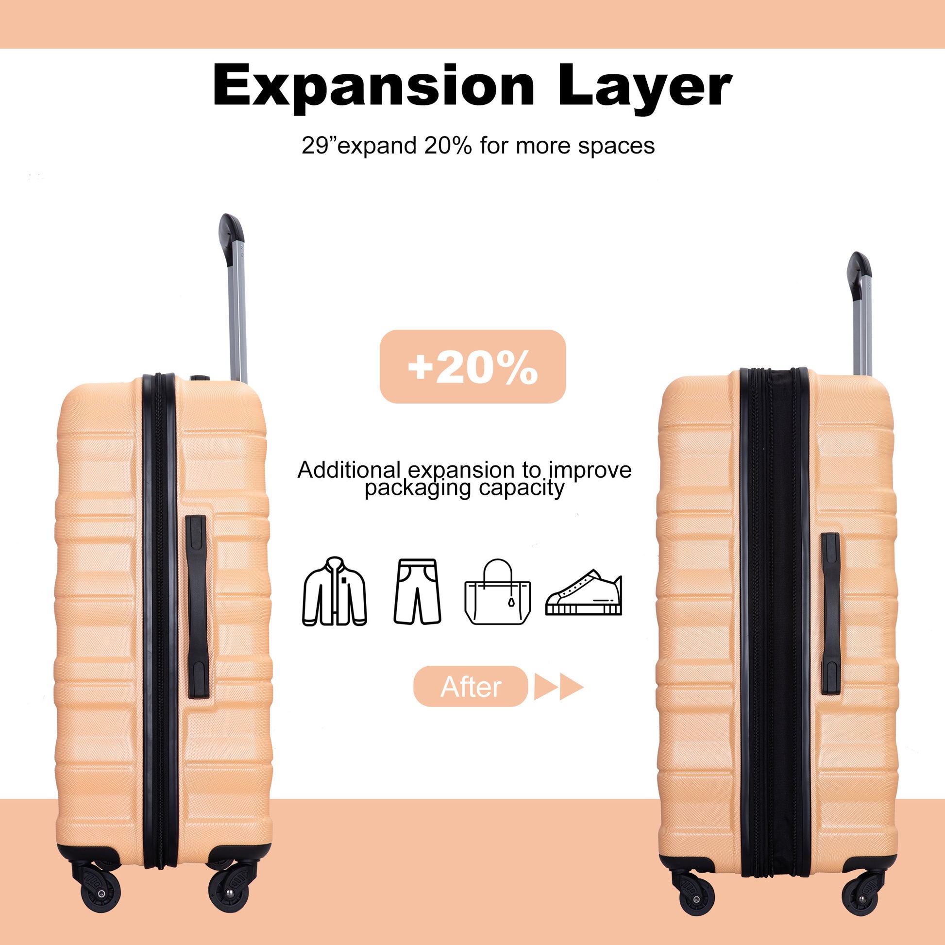 Expandable 3 Piece Luggage Sets Pc Lightweight & Durable Suitcase With Two Hooks, Spinner Wheels, Tsa Lock, 21 25 29 Peach Peach Pc