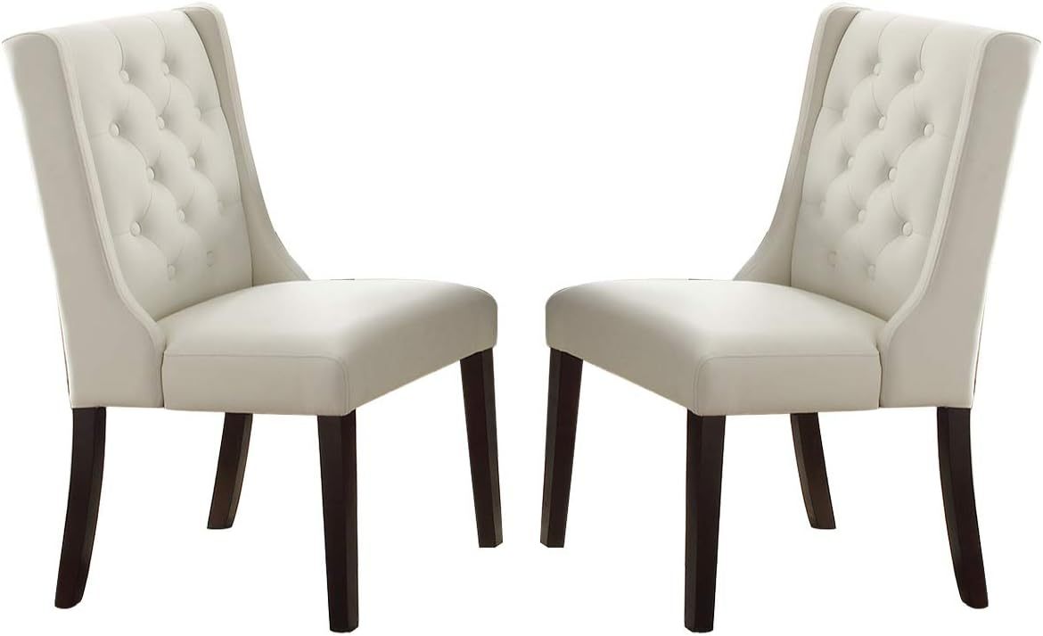 Contemporary White Faux Leather 7Pc Dining Set Solid Wood Dining Table And 6X Side Chair Tufted Wingback Design Dining Room Furniture Espresso Wood Dining Room Rubberwood Rectangular Dining Table With Chair Upholstered Chair Wood Espresso White Seats 6
