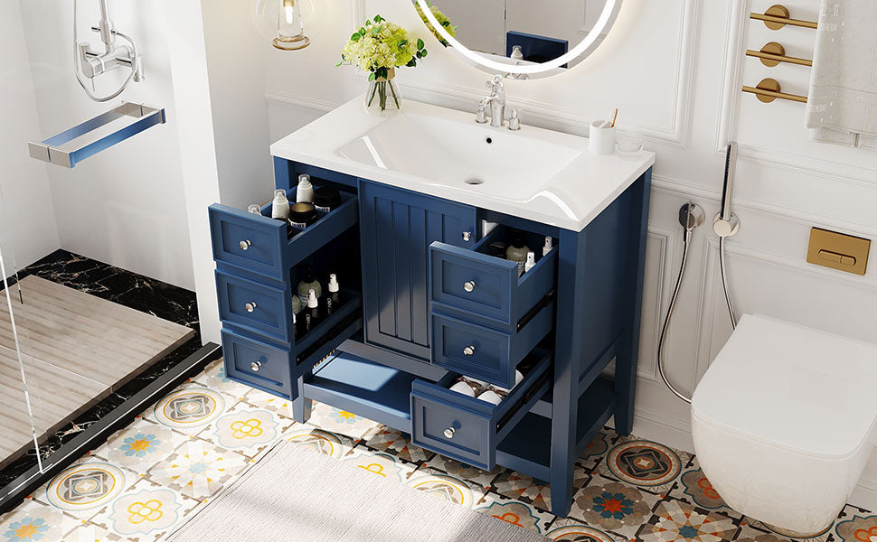 36" Bathroom Vanity With Sink Combo, One Cabinet And Three Drawers, Solid Wood And Mdf Board, Blue Old Sku:Sy999505Aac Blue Solid Wood Mdf