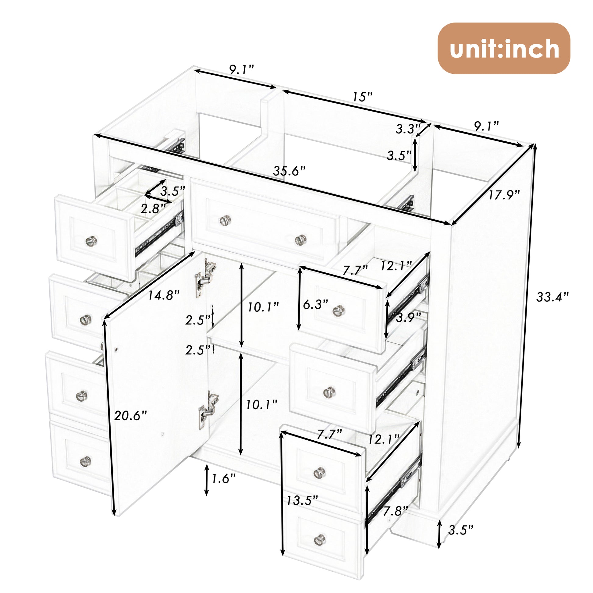 36" Bathroom Vanity Without Sink, Cabinet Base Only, One Cabinet And Six Drawers, Green Green Solid Wood Mdf