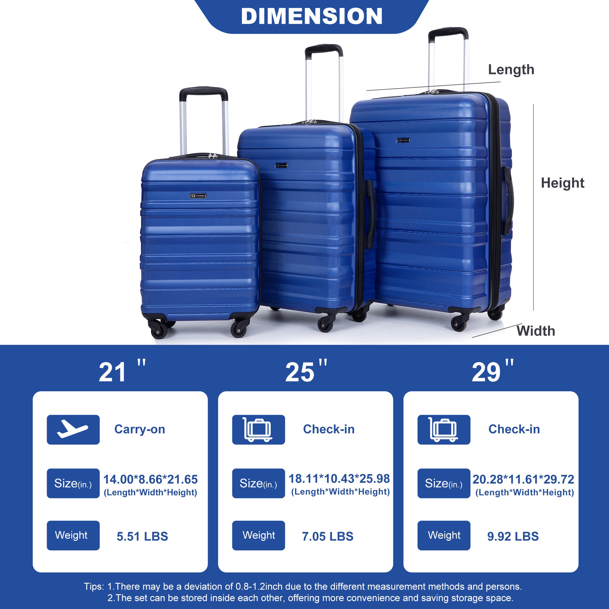 3 Piece Luggage Sets Pc Lightweight & Durable Expandable Suitcase With Two Hooks, Spinner Wheels, Tsa Lock, 21 25 29 Dark Blue Dark Blue Pc