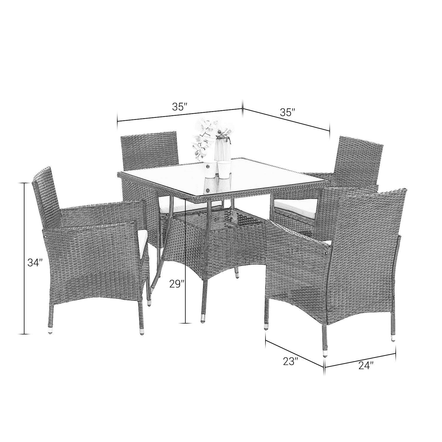 5 Pieces Pe Rattan Wicker Patio Dining Set With Grey Cushions Grey Wicker