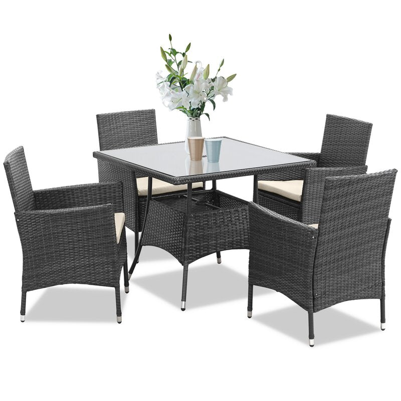 5 Pieces Pe Rattan Wicker Patio Dining Set With Grey Cushions Grey Wicker