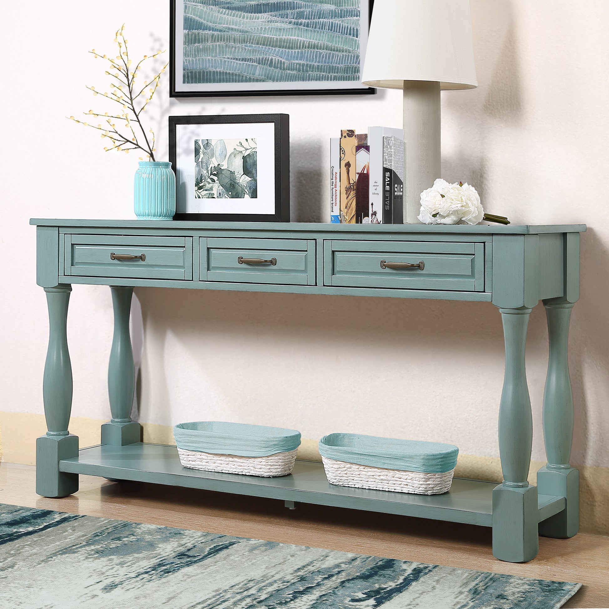 63Inch Long Wood Console Table With 3 Drawers And 1 Bottom Shelf For Entryway Hallway Easy Assembly Extra Thick Sofa Table Retro Blue Retro Blue Distressed Finish Primary Living Space American