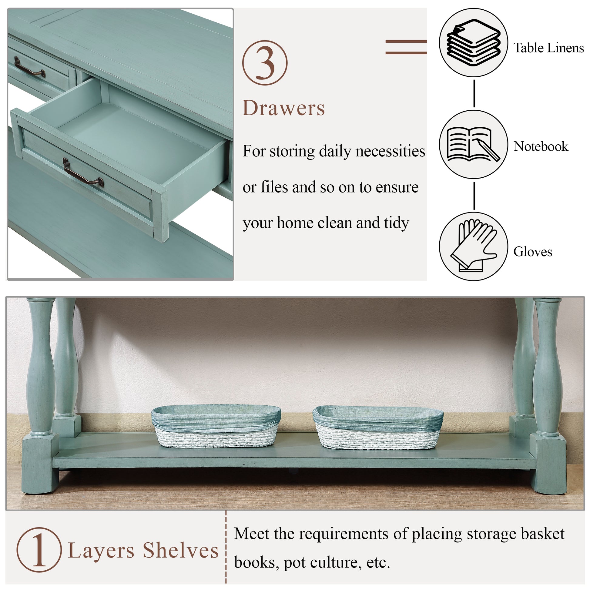 63Inch Long Wood Console Table With 3 Drawers And 1 Bottom Shelf For Entryway Hallway Easy Assembly Extra Thick Sofa Table Retro Blue Retro Blue Distressed Finish Primary Living Space American