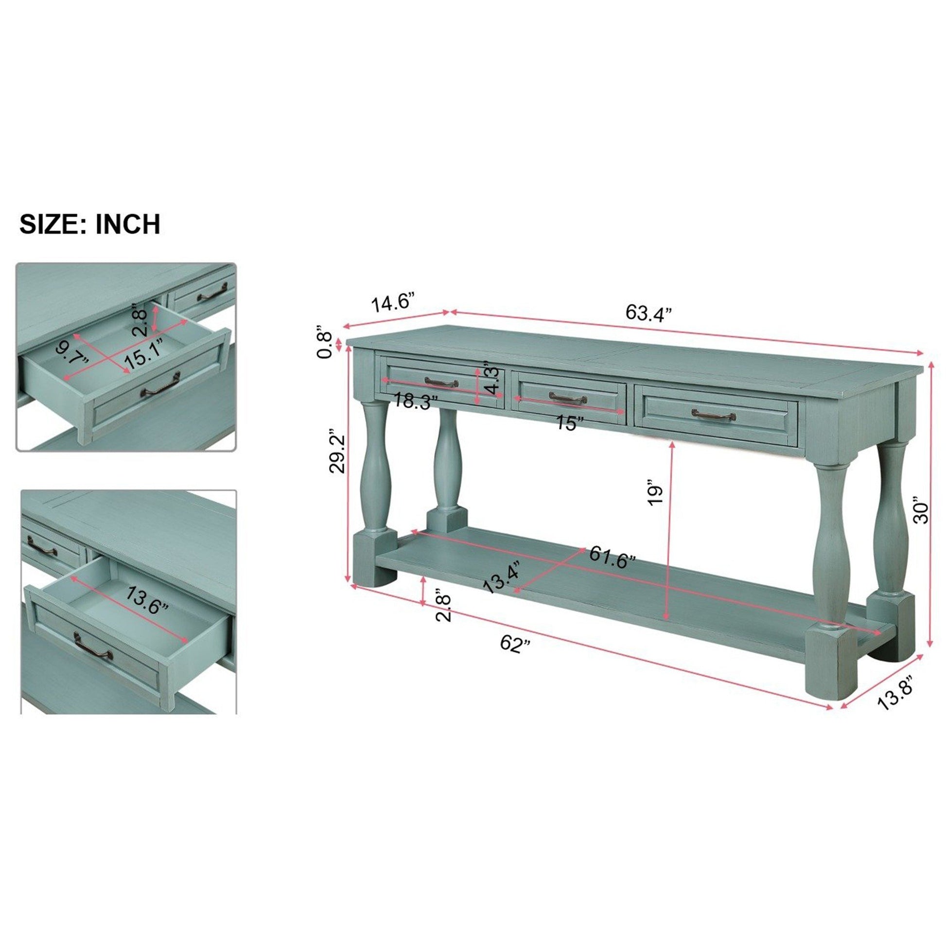 63Inch Long Wood Console Table With 3 Drawers And 1 Bottom Shelf For Entryway Hallway Easy Assembly Extra Thick Sofa Table Retro Blue Retro Blue Distressed Finish Primary Living Space American