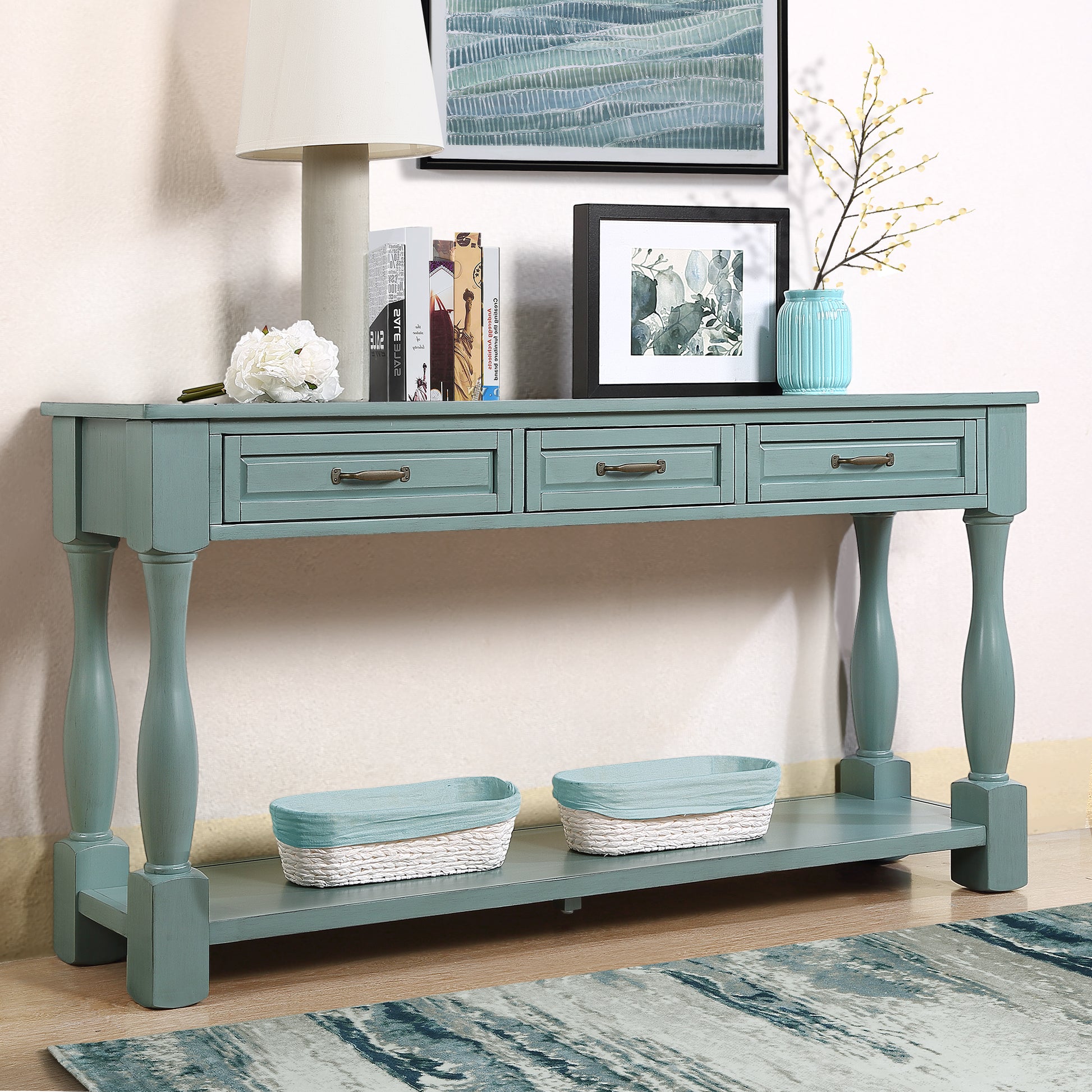 63Inch Long Wood Console Table With 3 Drawers And 1 Bottom Shelf For Entryway Hallway Easy Assembly Extra Thick Sofa Table Retro Blue Retro Blue Distressed Finish Primary Living Space American