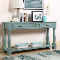 63Inch Long Wood Console Table With 3 Drawers And 1 Bottom Shelf For Entryway Hallway Easy Assembly Extra Thick Sofa Table Retro Blue Retro Blue Distressed Finish Primary Living Space American