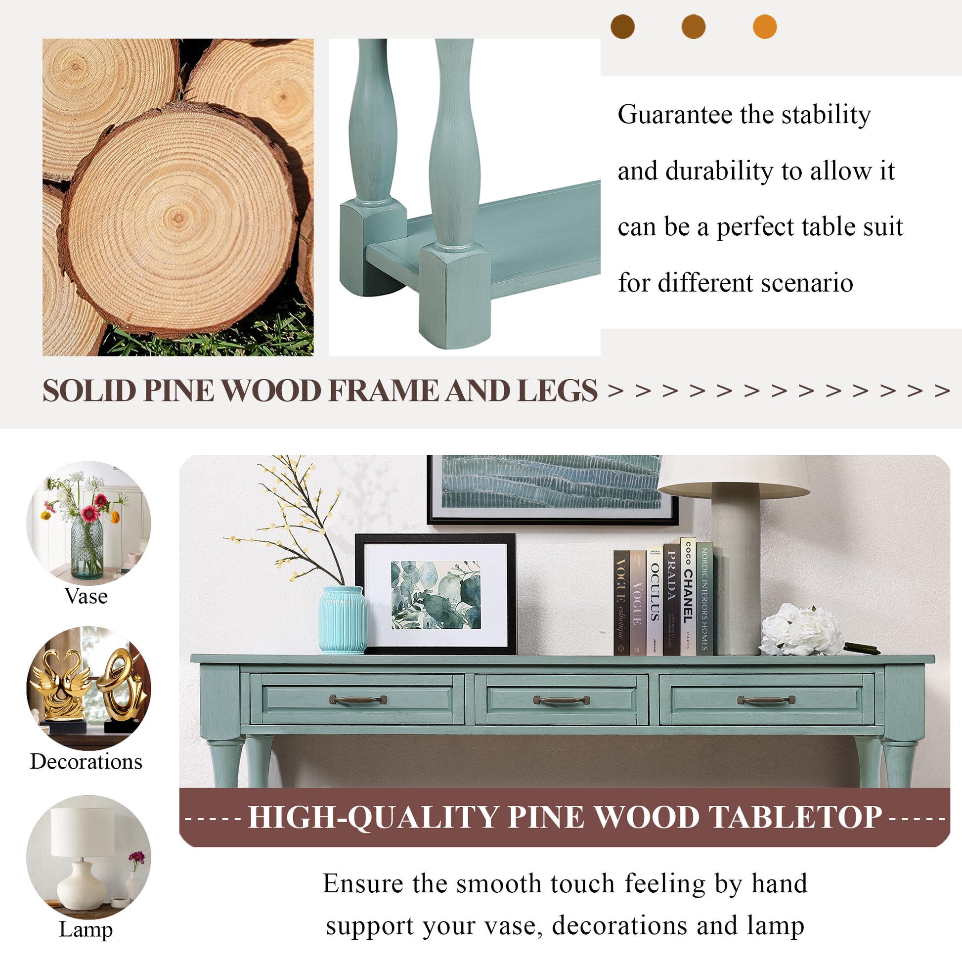 63Inch Long Wood Console Table With 3 Drawers And 1 Bottom Shelf For Entryway Hallway Easy Assembly Extra Thick Sofa Table Retro Blue Retro Blue Distressed Finish Primary Living Space American