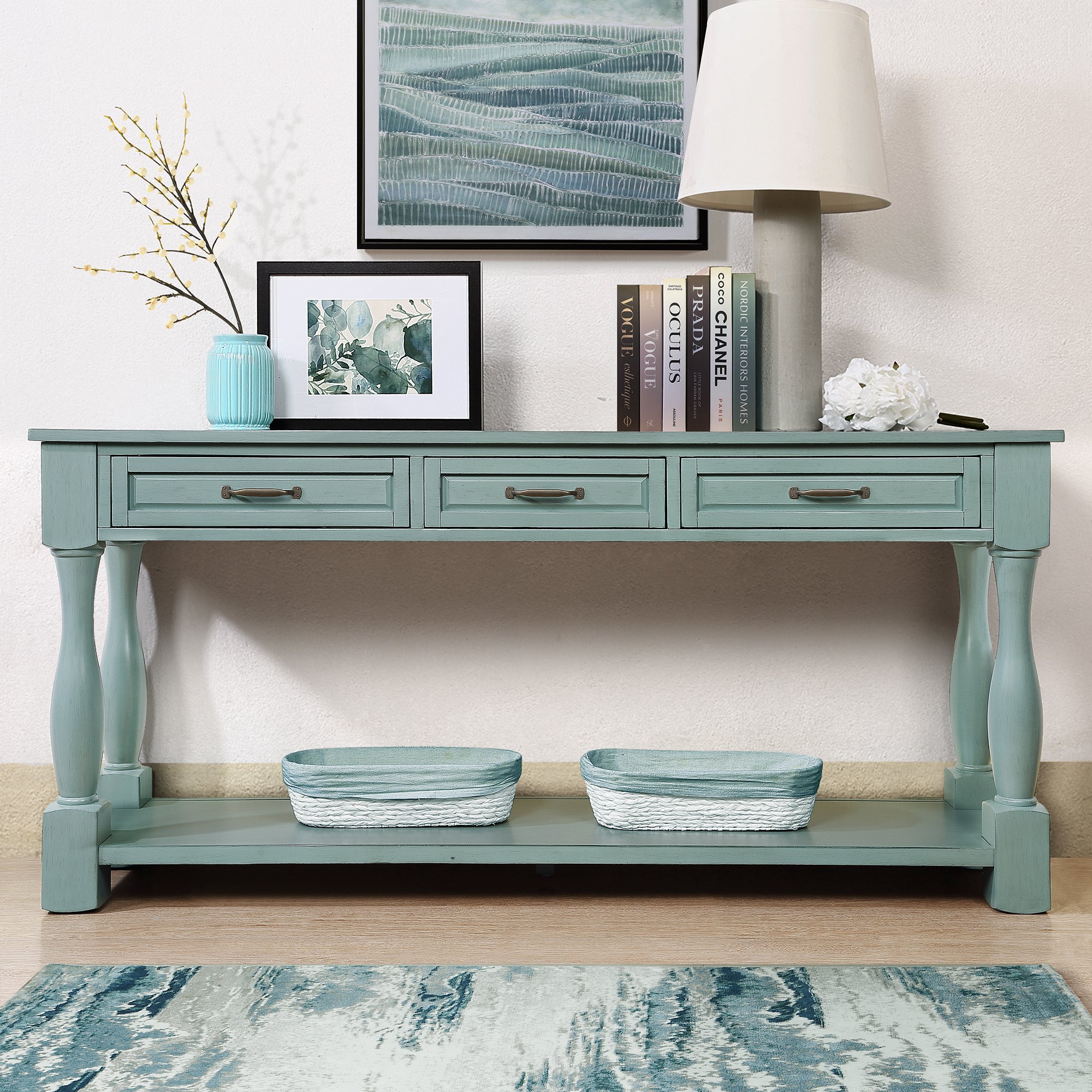 63Inch Long Wood Console Table With 3 Drawers And 1 Bottom Shelf For Entryway Hallway Easy Assembly Extra Thick Sofa Table Retro Blue Retro Blue Distressed Finish Primary Living Space American