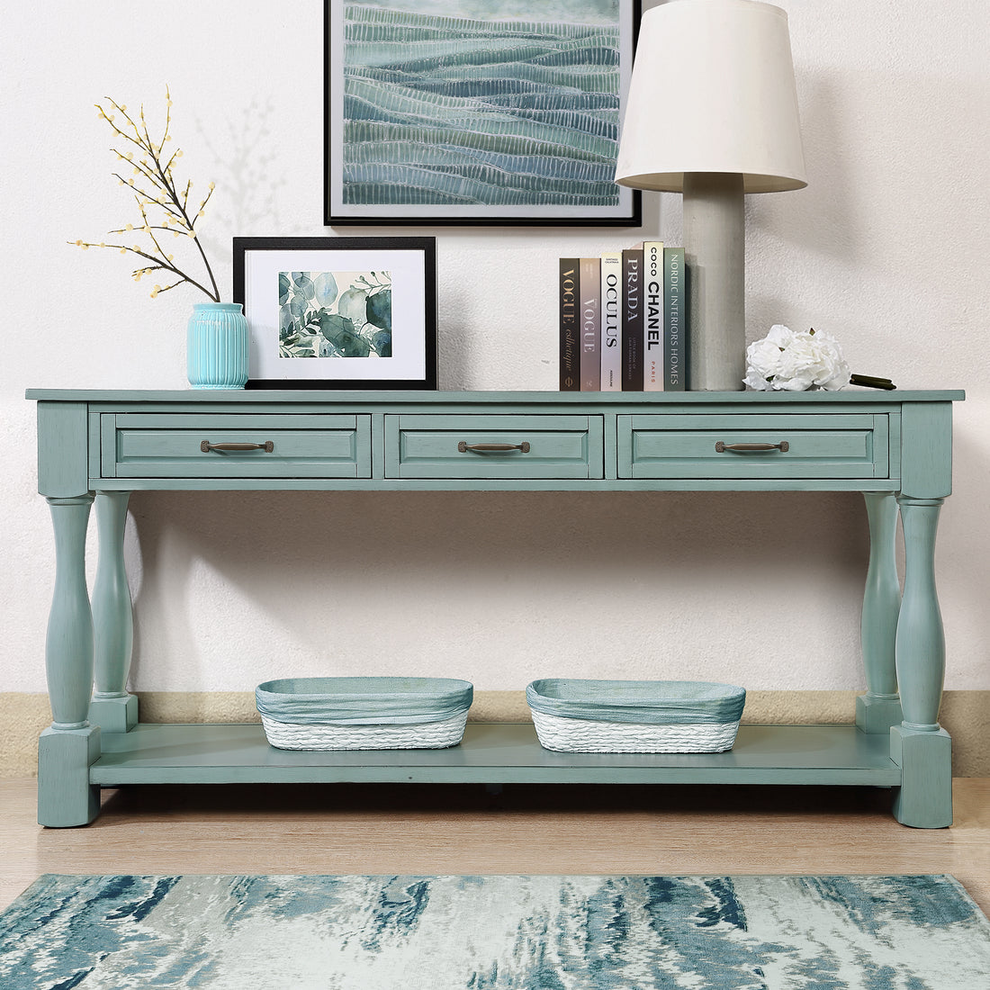 63Inch Long Wood Console Table With 3 Drawers And 1 Bottom Shelf For Entryway Hallway Easy Assembly Extra Thick Sofa Table Retro Blue Retro Blue Distressed Finish Primary Living Space American