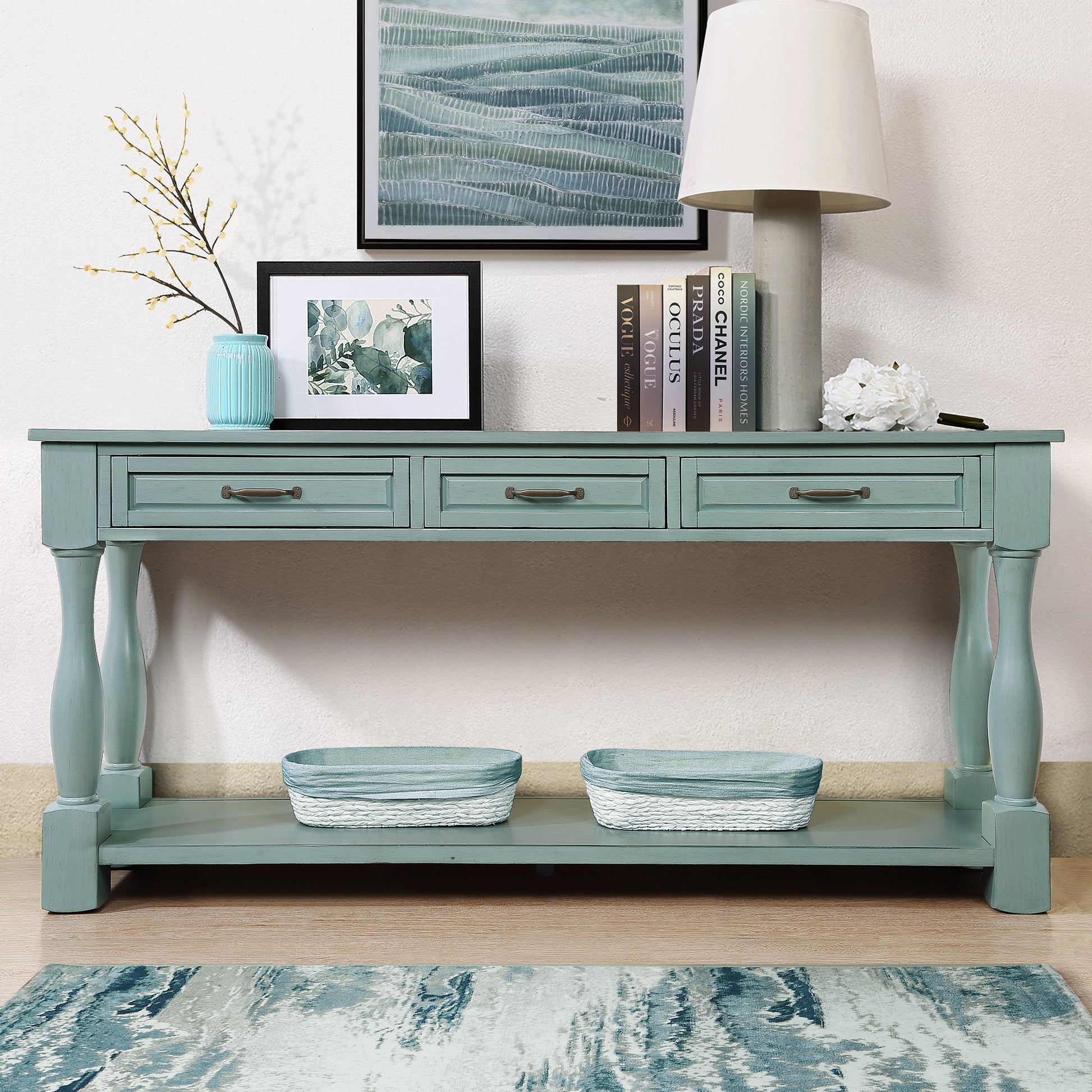63Inch Long Wood Console Table With 3 Drawers And 1 Bottom Shelf For Entryway Hallway Easy Assembly Extra Thick Sofa Table Retro Blue Retro Blue Distressed Finish Primary Living Space American