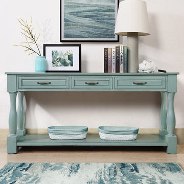63Inch Long Wood Console Table With 3 Drawers And 1 Bottom Shelf For Entryway Hallway Easy Assembly Extra Thick Sofa Table Retro Blue Retro Blue Distressed Finish Primary Living Space American