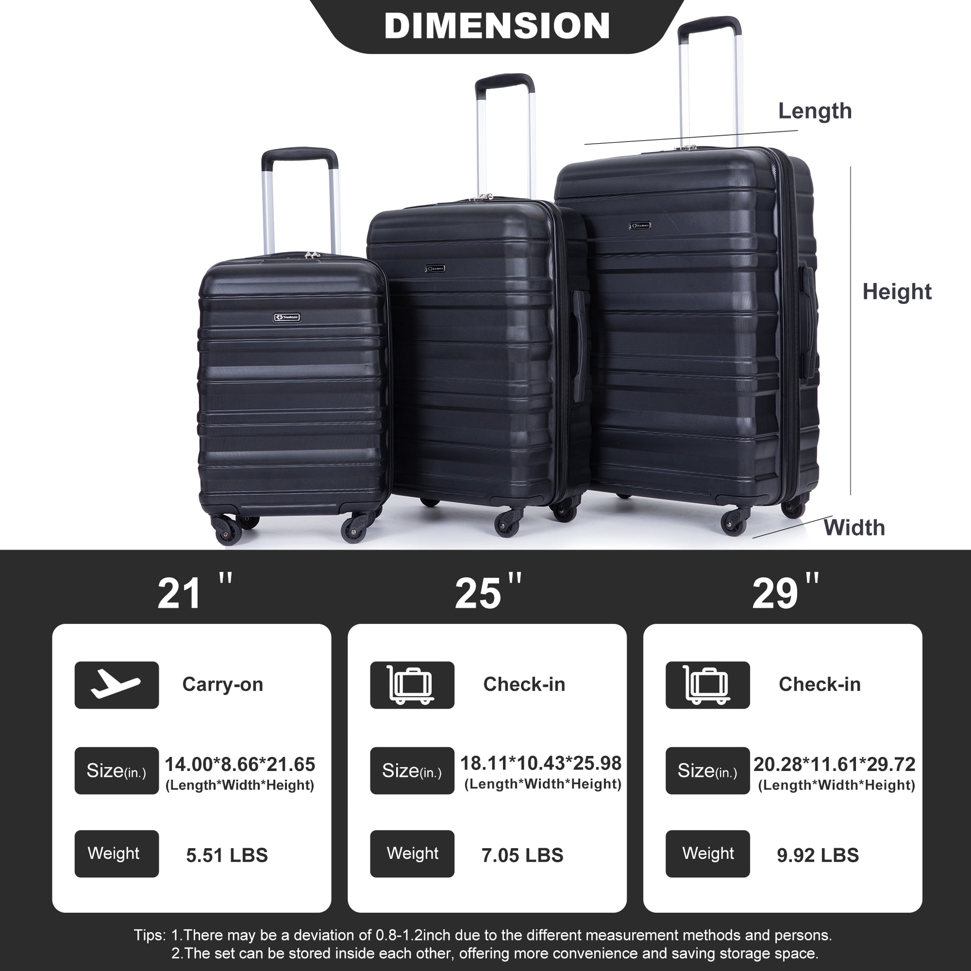 Expandable 3 Piece Luggage Sets Pc Lightweight & Durable Suitcase With Two Hooks, Spinner Wheels, Tsa Lock, 21 25 29 Black Black Pc