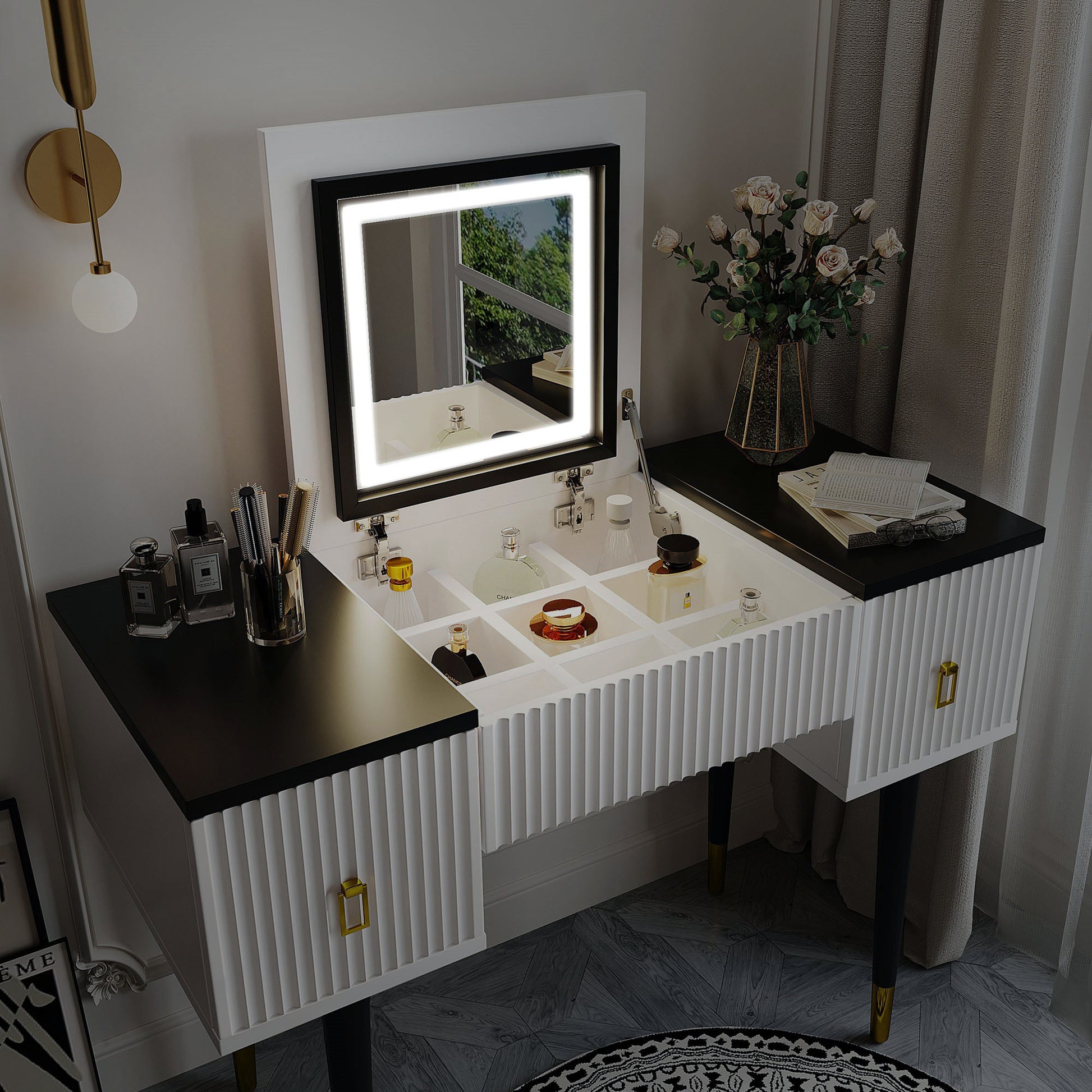 43.3" Modern Vanity Table Set With Flip Top Mirror And Led Light, Dressing Table With Customizable Storage, White And Black Black White Drawer 2 Drawers Bedroom Adjustable Shelves American Design,Artsy,Classic,Contemporary Rubberwood Solid Wood Mdf