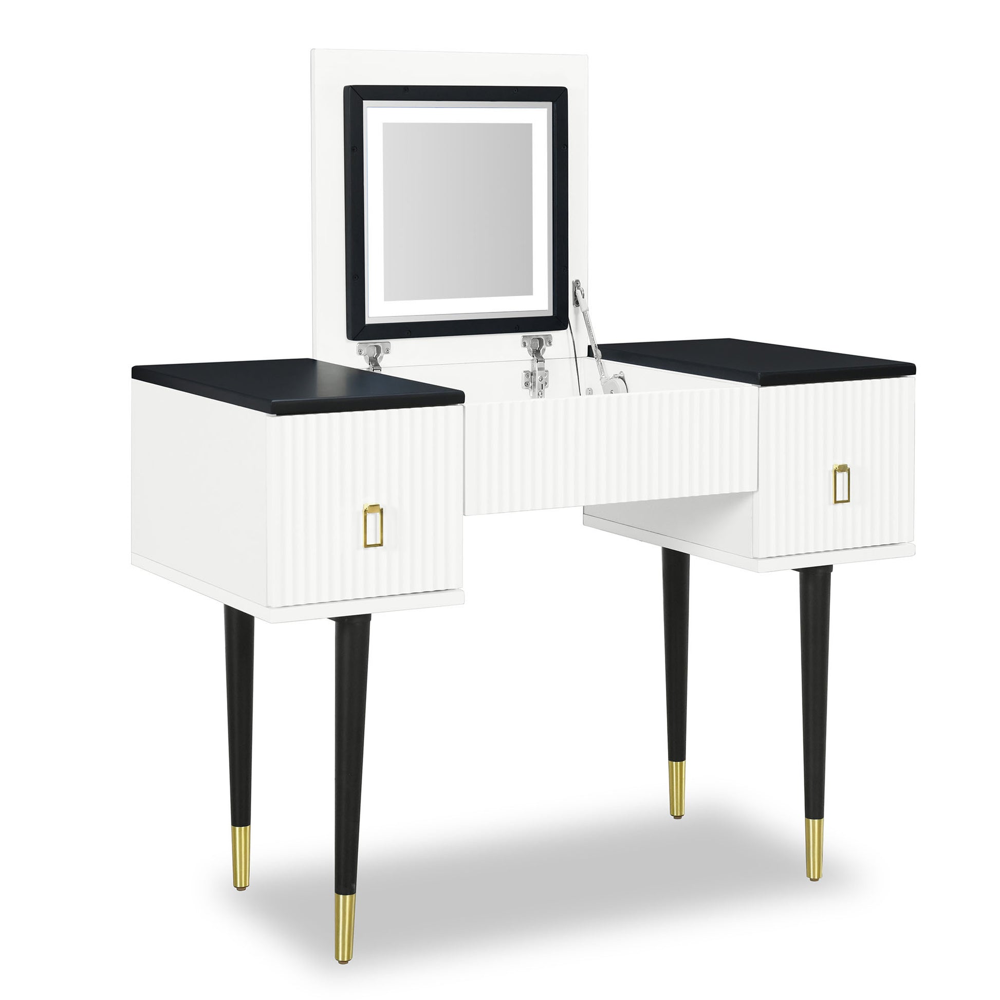 43.3" Modern Vanity Table Set With Flip Top Mirror And Led Light, Dressing Table With Customizable Storage, White And Black Black White Drawer 2 Drawers Bedroom Adjustable Shelves American Design,Artsy,Classic,Contemporary Rubberwood Solid Wood Mdf