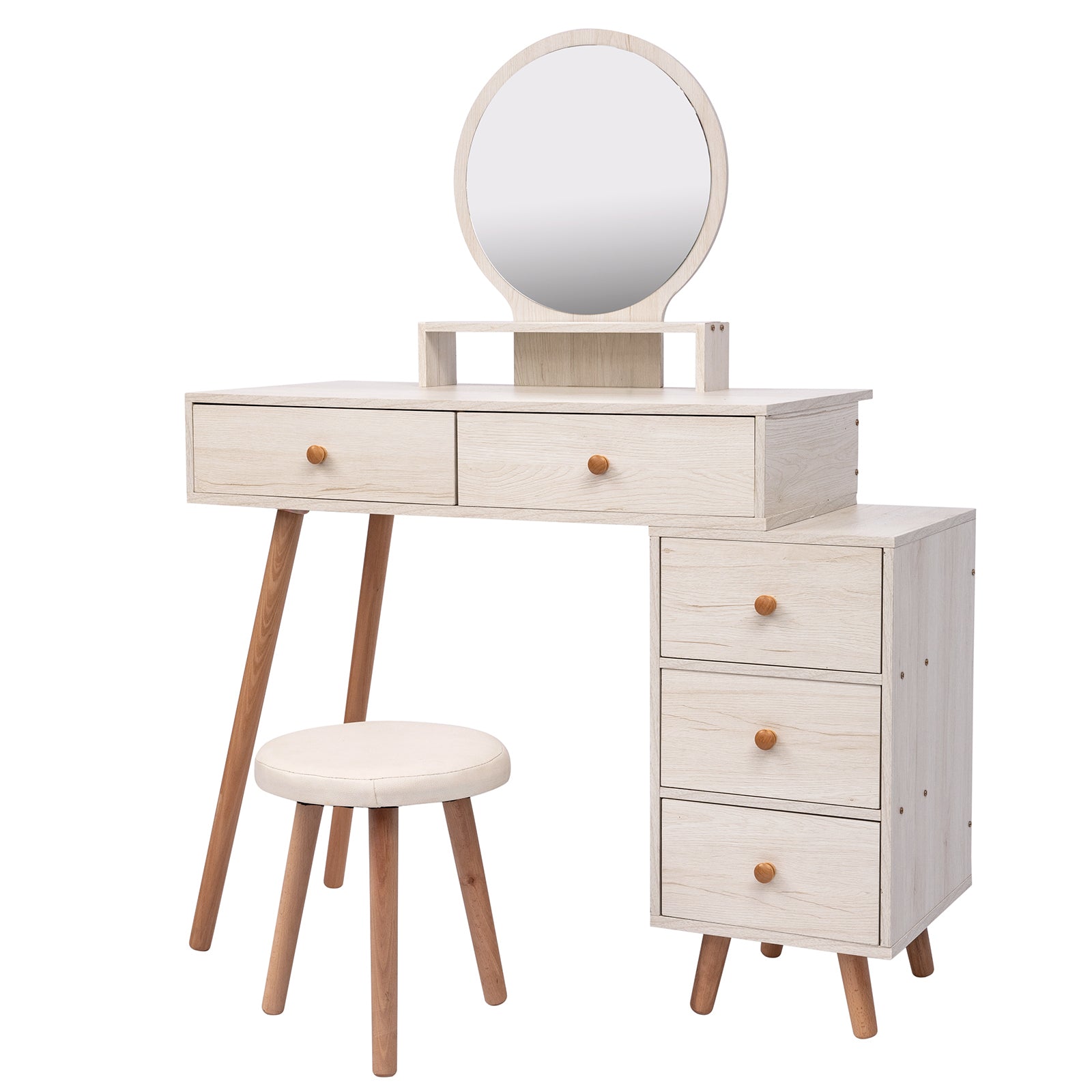 Makeup Vanity Table With Cushioned Stool, Large Capacity Storage Cabinet, 5 Drawers, Large Round Mirror, Fasionable Makeup Furniture 31.5" 43.2"L X 15.8"W X 48.1"H Length Adjustable Ameican White Oak Mdf