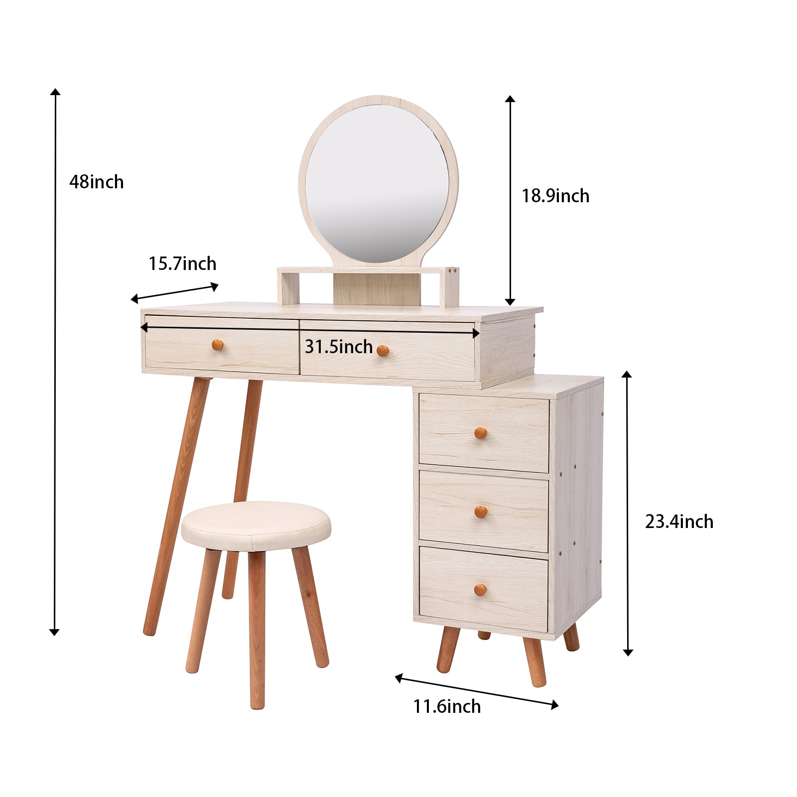 Makeup Vanity Table With Cushioned Stool, Large Capacity Storage Cabinet, 5 Drawers, Large Round Mirror, Fasionable Makeup Furniture 31.5" 43.2"L X 15.8"W X 48.1"H Length Adjustable Ameican White Oak Mdf