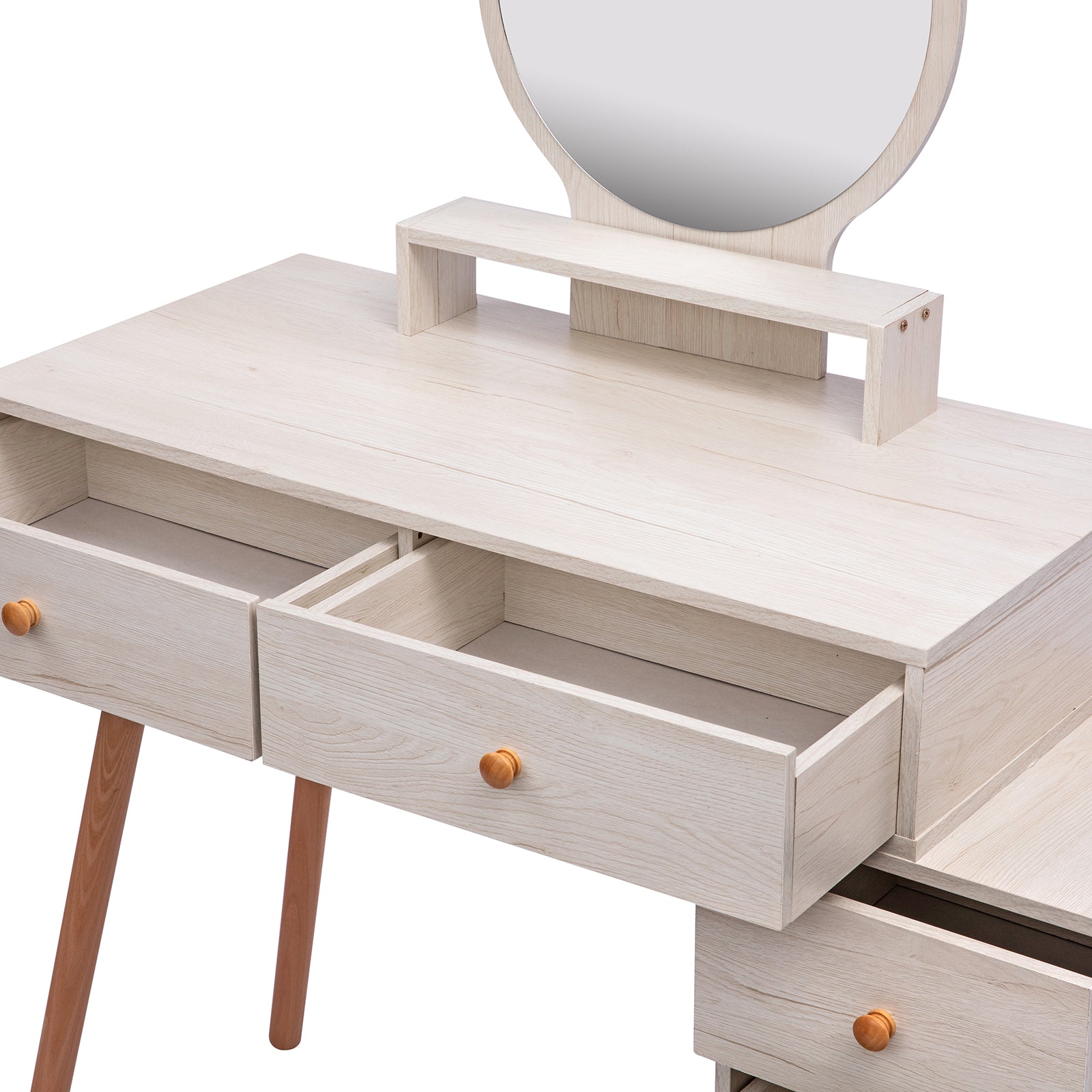 Makeup Vanity Table With Cushioned Stool, Large Capacity Storage Cabinet, 5 Drawers, Large Round Mirror, Fasionable Makeup Furniture 31.5" 43.2"L X 15.8"W X 48.1"H Length Adjustable Ameican White Oak Mdf