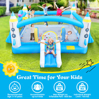 Multifunctional Jump 'N Slide Inflatable Bouncer For Kids Complete Setup With Blower 198" X 180" Play Area 96" Tall Multicolor Oxford Fabric Indoor & Outdoor Use