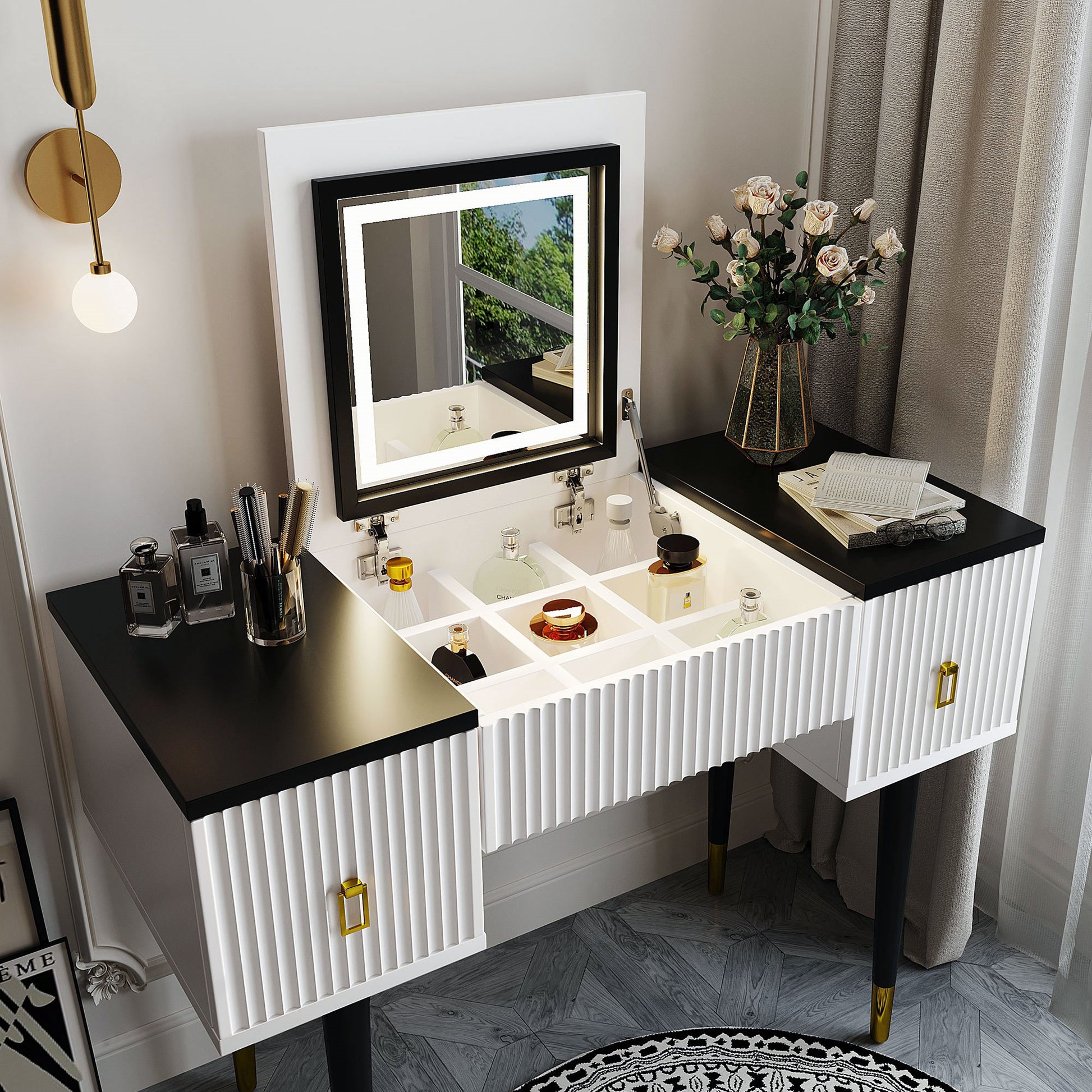 43.3" Modern Vanity Table Set With Flip Top Mirror And Led Light, Dressing Table With Customizable Storage, White And Black Black White Drawer 2 Drawers Bedroom Adjustable Shelves American Design,Artsy,Classic,Contemporary Rubberwood Solid Wood Mdf