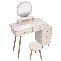 Makeup Vanity Table With Cushioned Stool, Large Capacity Storage Cabinet, 5 Drawers, Large Round Mirror, Fasionable Makeup Furniture 31.5" 43.2"L X 15.8"W X 48.1"H Length Adjustable Ameican White Oak Mdf