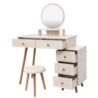 Makeup Vanity Table With Cushioned Stool, Large Capacity Storage Cabinet, 5 Drawers, Large Round Mirror, Fasionable Makeup Furniture 31.5" 43.2"L X 15.8"W X 48.1"H Length Adjustable Ameican White Oak Mdf