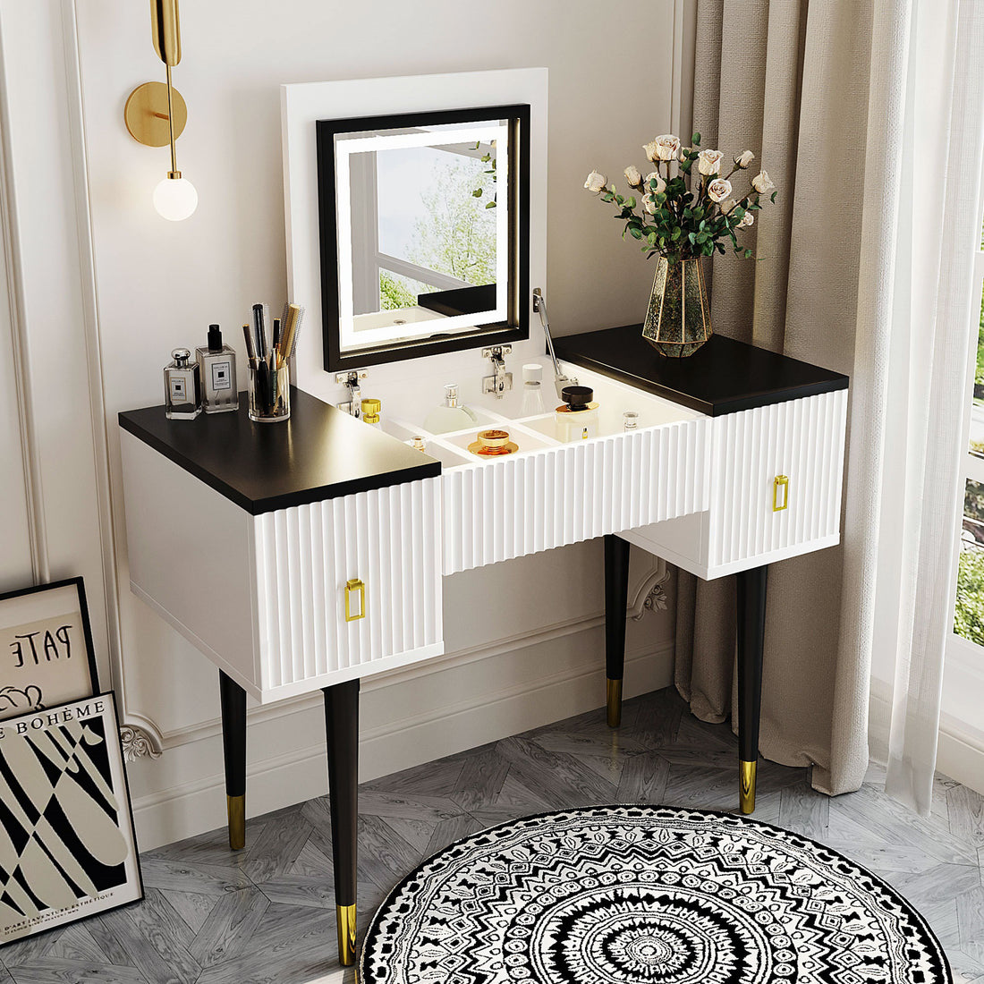 43.3" Modern Vanity Table Set With Flip Top Mirror And Led Light, Dressing Table With Customizable Storage, White And Black Black White Drawer 2 Drawers Bedroom Adjustable Shelves American Design,Artsy,Classic,Contemporary Rubberwood Solid Wood Mdf