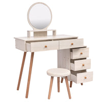 Makeup Vanity Table With Cushioned Stool, Large Capacity Storage Cabinet, 5 Drawers, Large Round Mirror, Fasionable Makeup Furniture 31.5" 43.2"L X 15.8"W X 48.1"H Length Adjustable Ameican White Oak Mdf