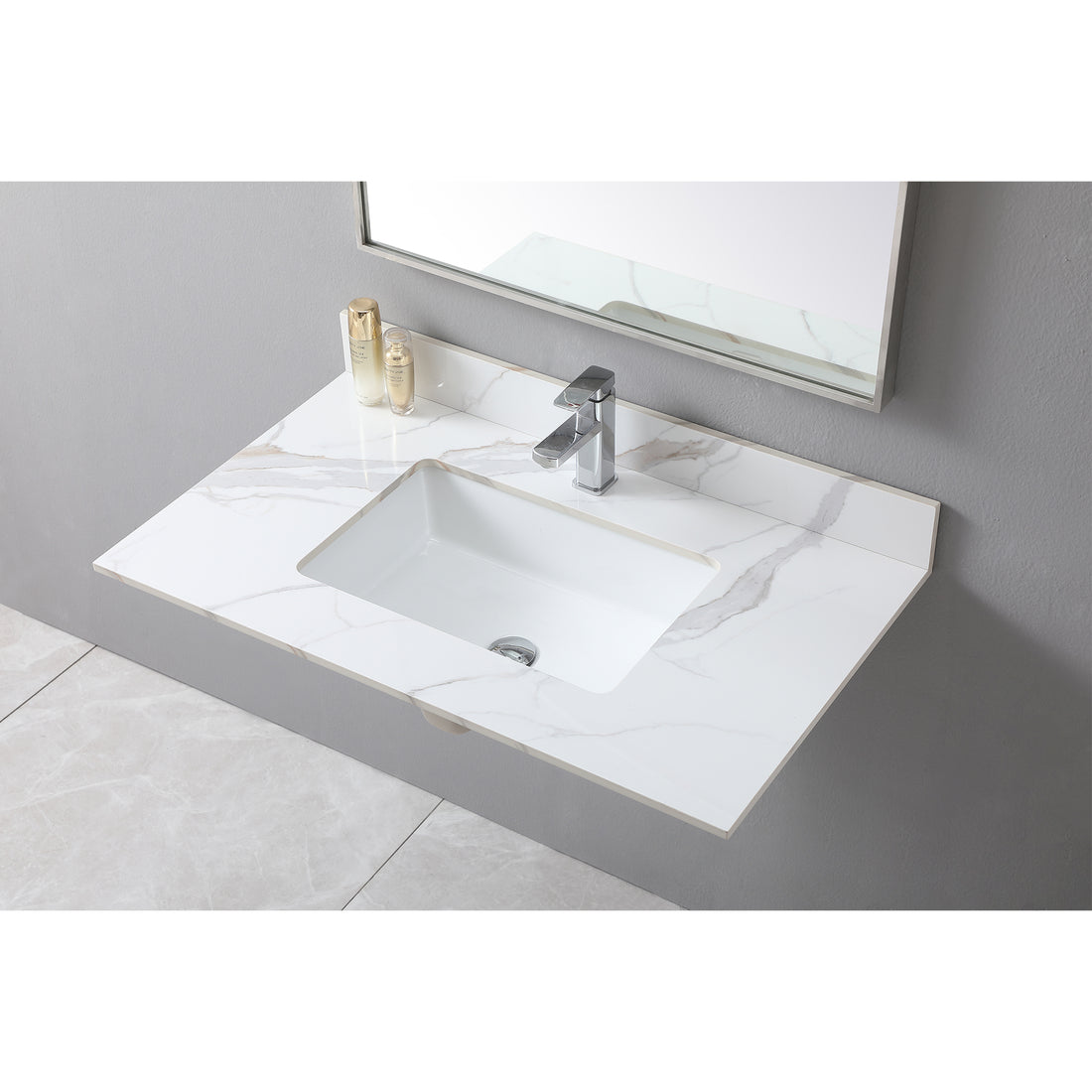 37Inch Bathroom Vanity Top Stone Carrara Gold Style Tops With Rectangle Undermount Ceramic Sink And Single Faucet Hole White Sintered Stone