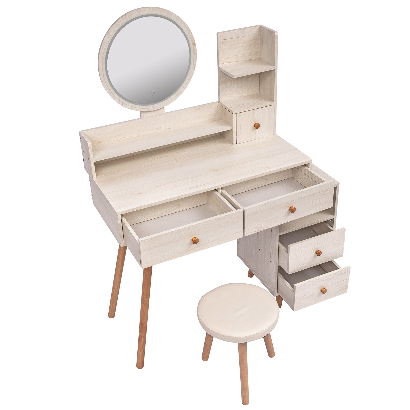 Stylish Vanity Table Cushioned Stool, Touch Control Led Mirror, Large Capacity Storage Cabinet, 5 Drawers, Fashionable Makeup Furniture, Length Adjustable L31.5" 43.2"X W15.8" X H48.1" Ameican White Oak Solid Wood Mdf