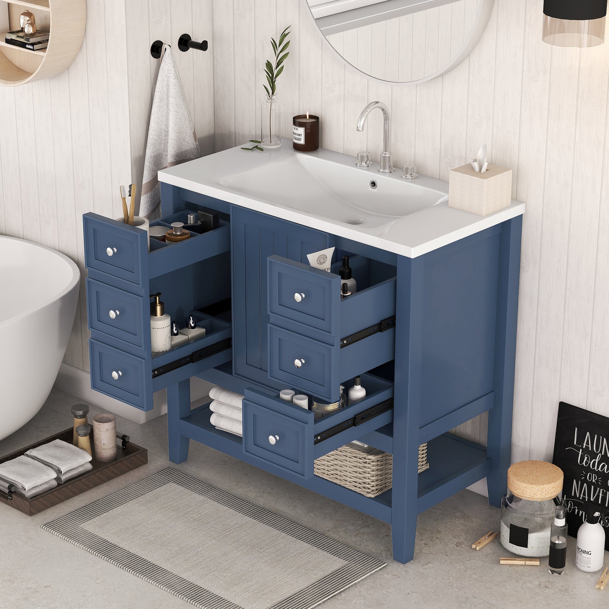 36" Bathroom Vanity With Sink Combo, One Cabinet And Three Drawers, Solid Wood And Mdf Board, Blue Old Sku:Sy999505Aac Blue Solid Wood Mdf