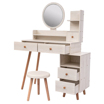 Stylish Vanity Table Cushioned Stool, Touch Control Led Mirror, Large Capacity Storage Cabinet, 5 Drawers, Fashionable Makeup Furniture, Length Adjustable L31.5" 43.2"X W15.8" X H48.1" Ameican White Oak Solid Wood Mdf