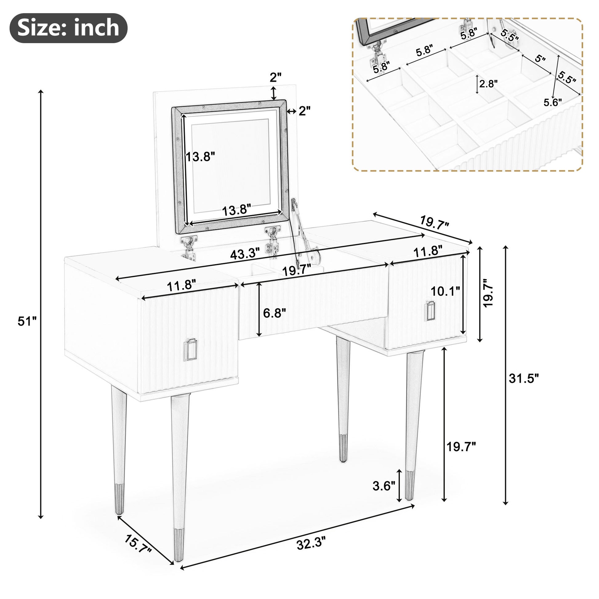 43.3" Modern Vanity Table Set With Flip Top Mirror And Led Light, Dressing Table With Customizable Storage, White And Black Black White Drawer 2 Drawers Bedroom Adjustable Shelves American Design,Artsy,Classic,Contemporary Rubberwood Solid Wood Mdf