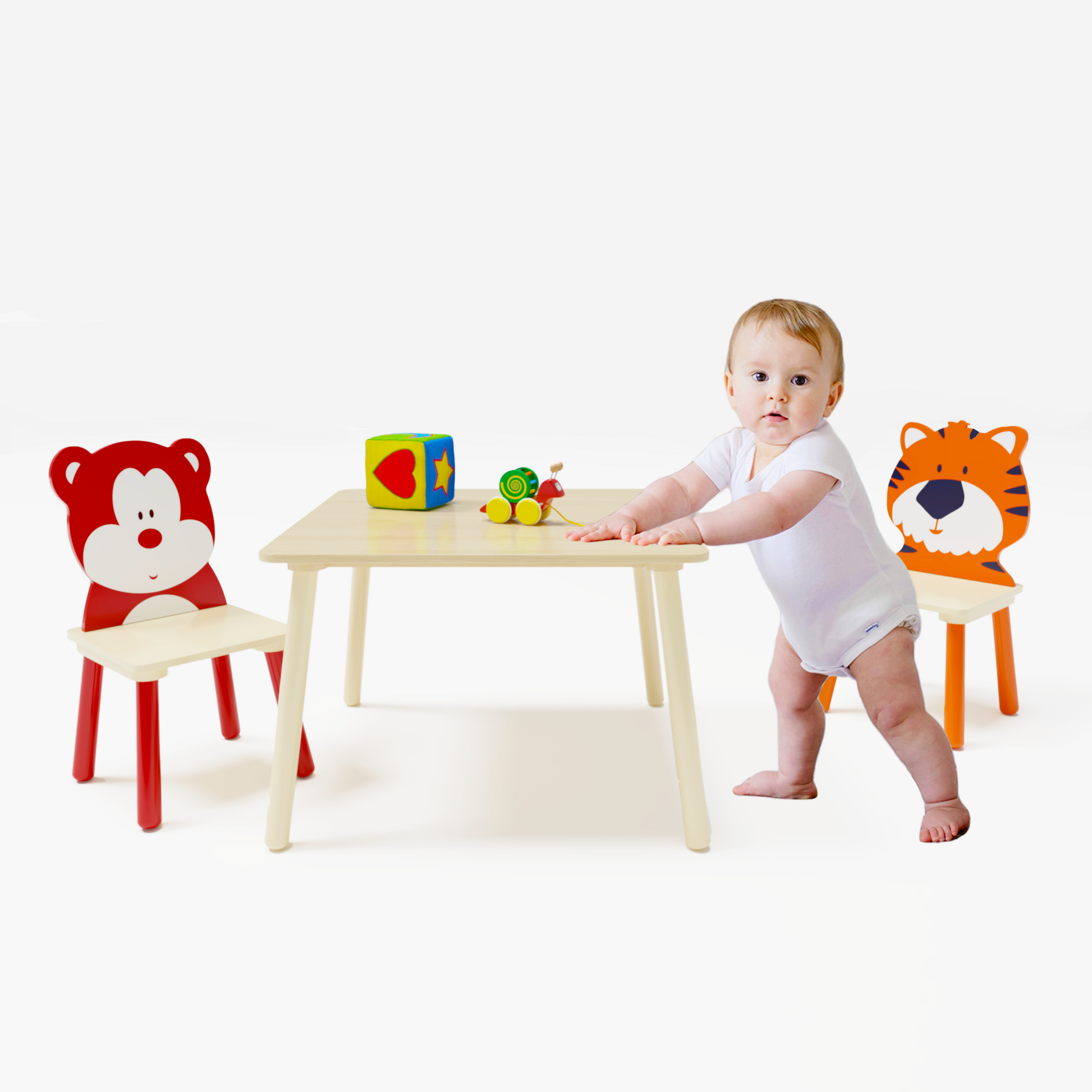 Kids Table And 2 Chairs Set, 3 Pieces Toddler Table And Chair Set, Wooden Activity Play Table Set Bear&Tiger Natural Solid Wood Mdf