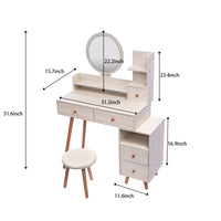 Stylish Vanity Table Cushioned Stool, Touch Control Led Mirror, Large Capacity Storage Cabinet, 5 Drawers, Fashionable Makeup Furniture, Length Adjustable L31.5" 43.2"X W15.8" X H48.1" Ameican White Oak Solid Wood Mdf