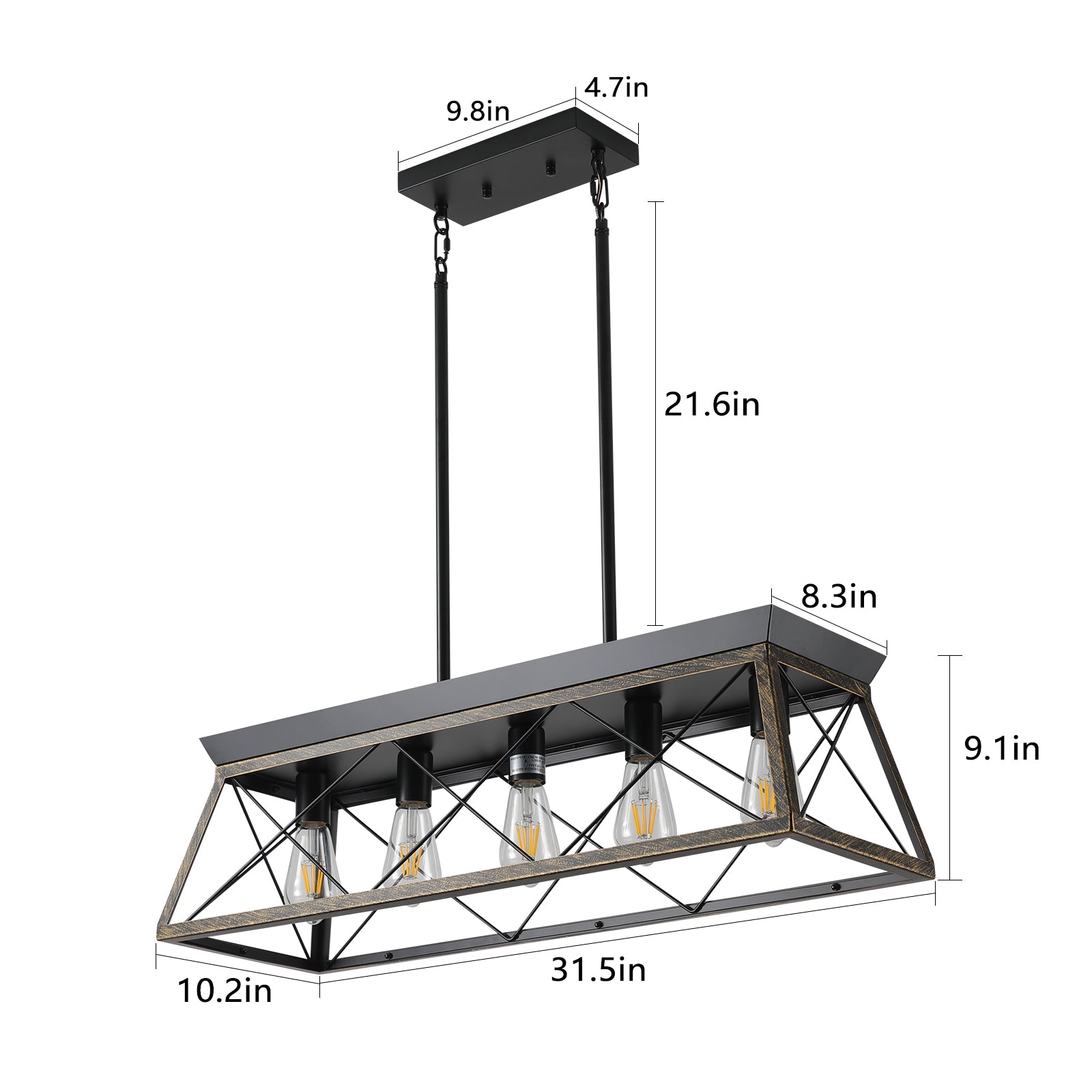 Same As W1340111201 L1007 5 Light Farmhouse Chandeliers For Dining Room, Metal Rustic Pendant Island Light Fixture, Modern Rectangular Island Lights For Kitchen, Living Room Black Gold No Bulbs